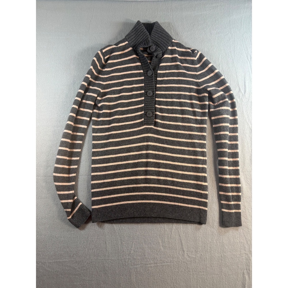 Tory Burch Striped Mock Neck Button Henley Sweater Gray Pink Small